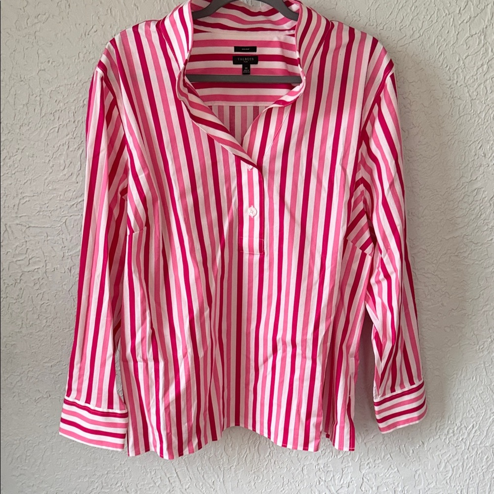 Talbots Hot Pink and White Striped Cotton Popover Shirt